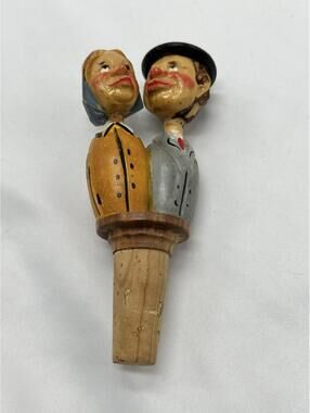 Antique Bottle Stopper Mechanical Kissing Couple Hand Carved